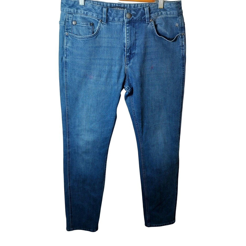 Balmain Paris‎ Mens Slim Fit Blue Denim Jeans Embroidered Crest Logo Medium Wash
